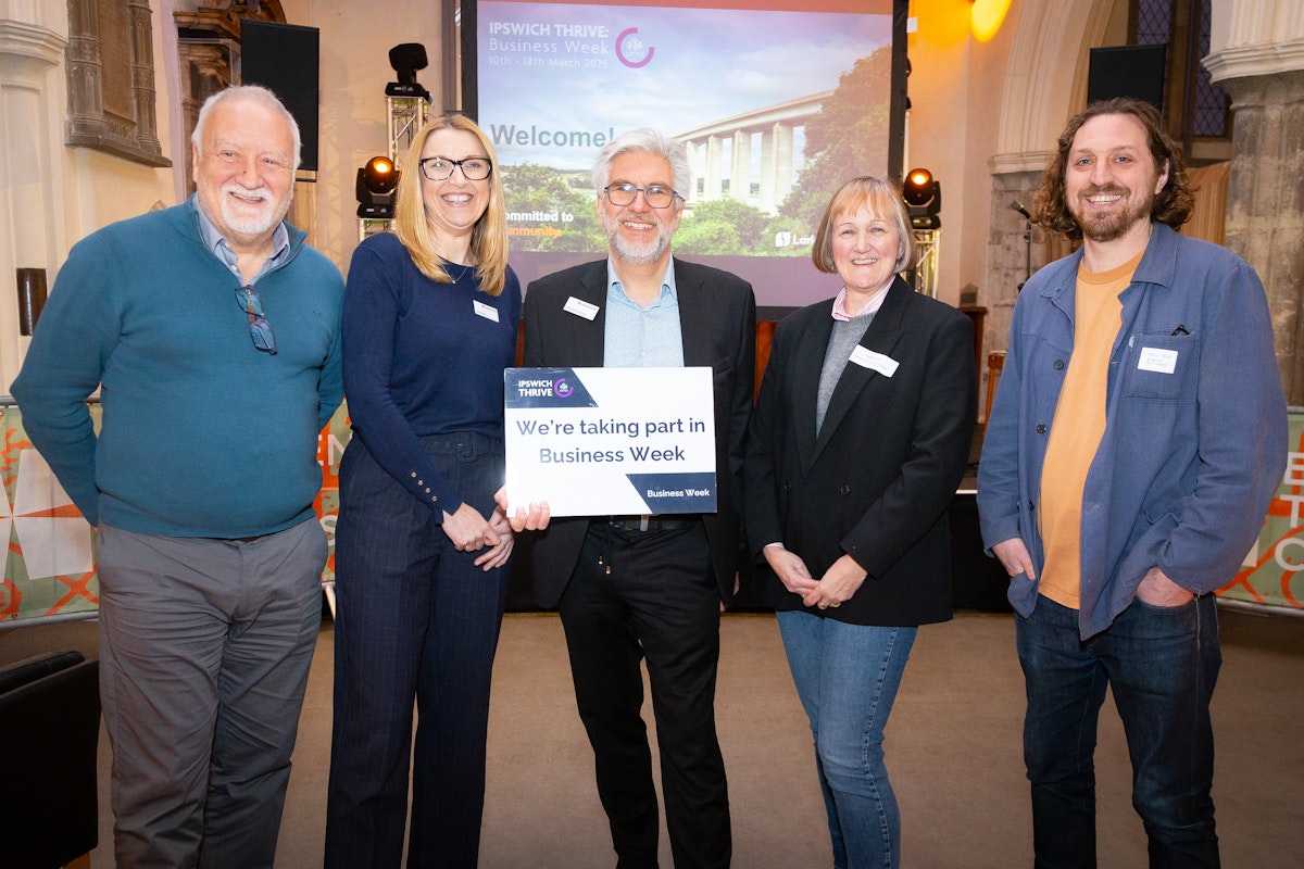 Steve Flory, Becky Ames, Christopher Scargill, Cathy Frost and Marcus Neal at the Larkin Gowen Ipswich Thrive event